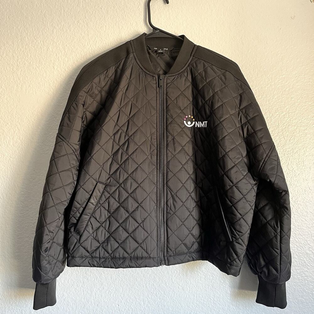 Mercer Mettle Boxy Quilted Bomber Puffer Jacket Women S Black Pockets Logo NMT